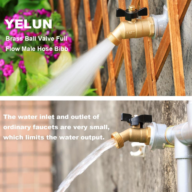 YELUN Brass Ball Valve Full Flow Male Hose Bibb 3/4" Male NPT Inlet Connection with 3/4" GHT Water Hose Outlet Heavy-Brass Faucet for Gardens and patios (Long and Butterfly 2PCS) - Image 3